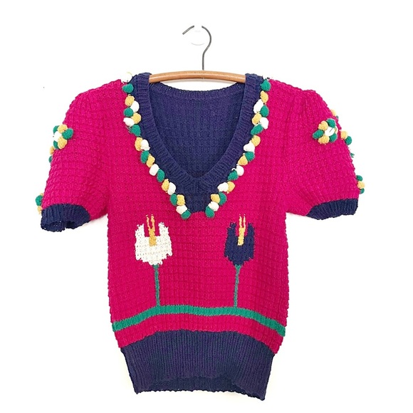Vintage Puff Sleeve Pom Pom Bauble Knit Sweater Tulip Floral Pattern Size Small - Picture 1 of 8